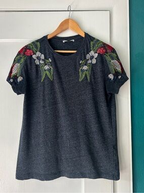 Zara Heather Dark Blue Short Sleeve Tee with Floral Shoulder Embroidery